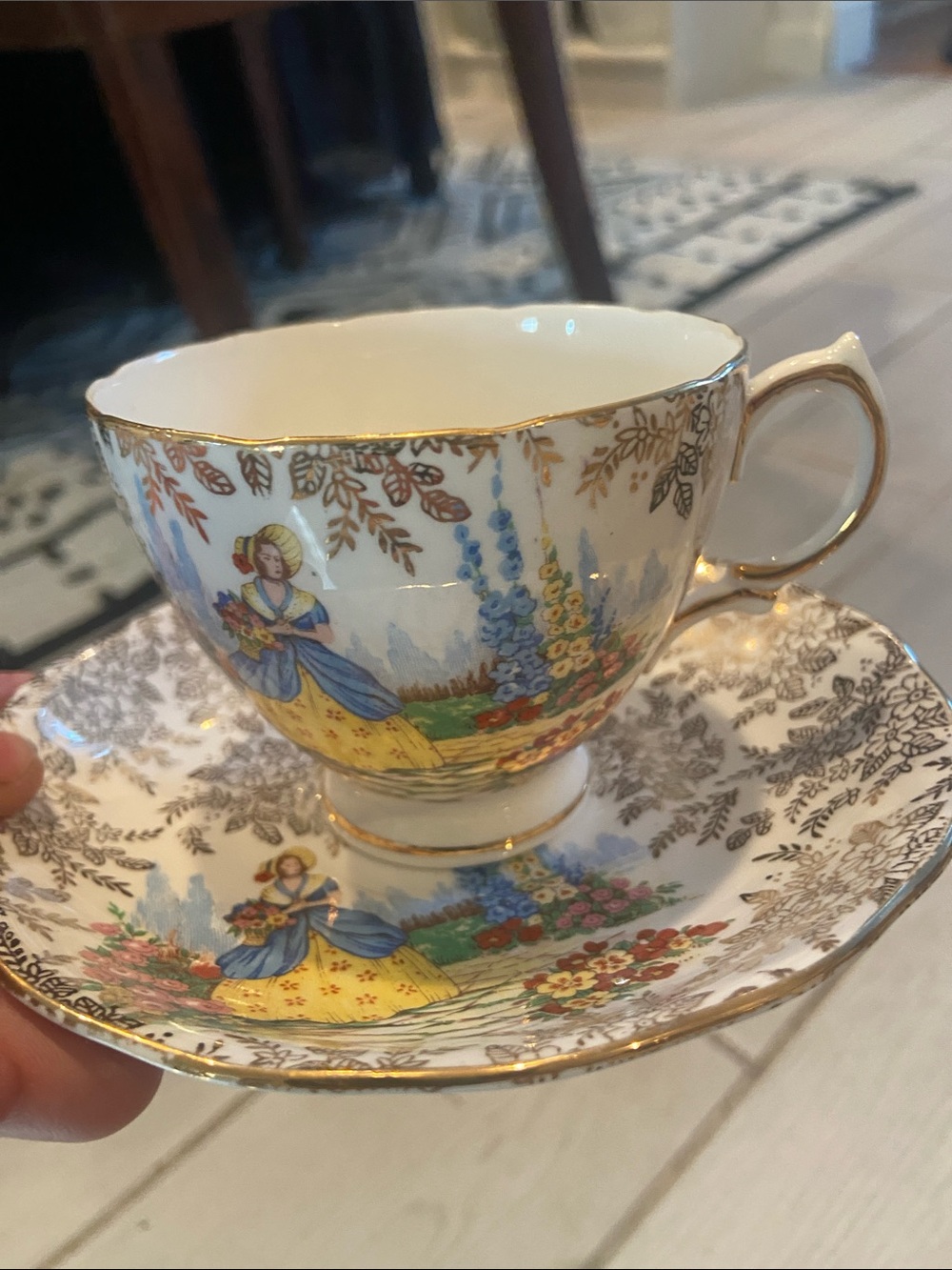 Vintage Floral Lady Teacup and Saucer - White, Yellow, Blue